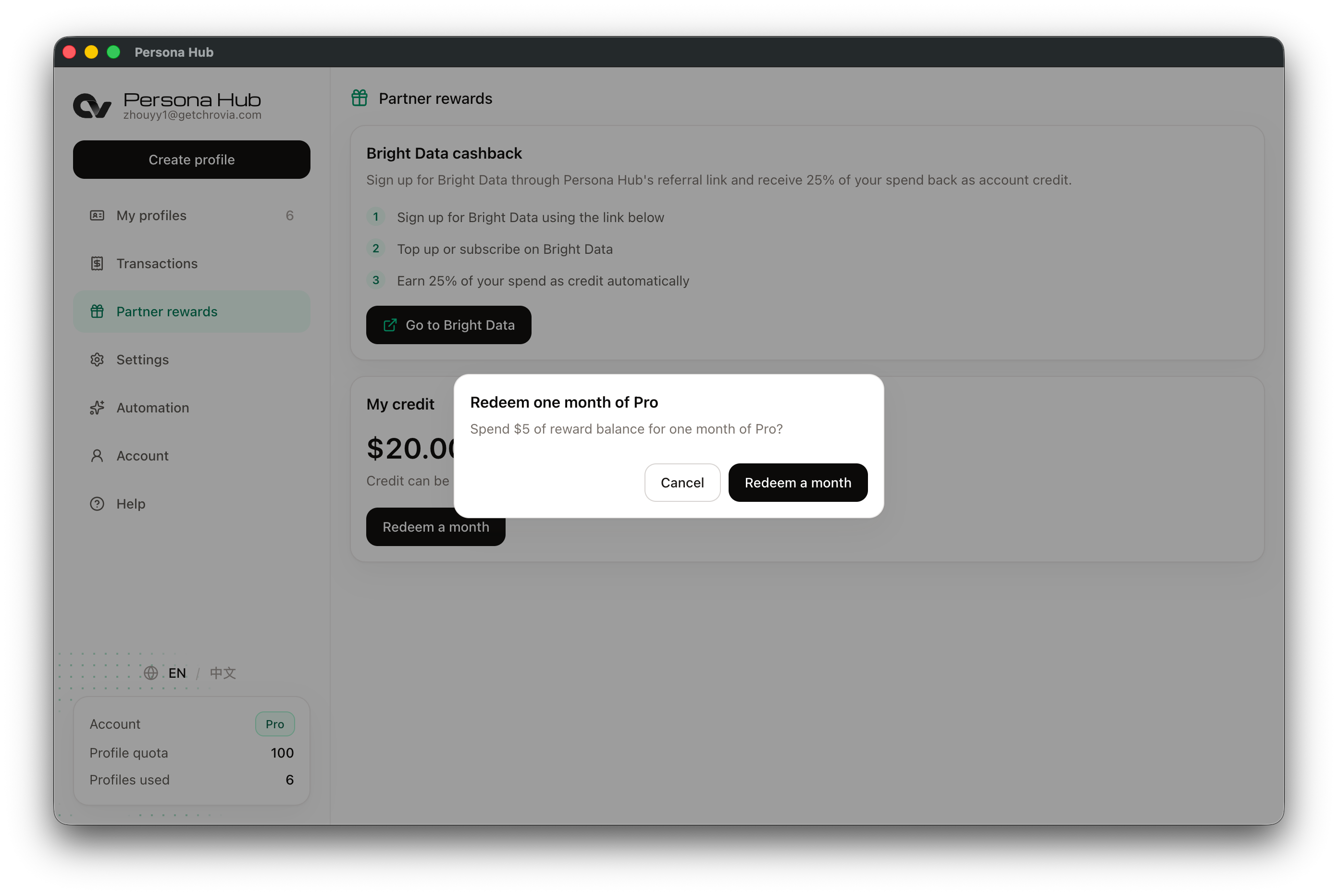 Confirm spending $5 in credit for one month of Pro