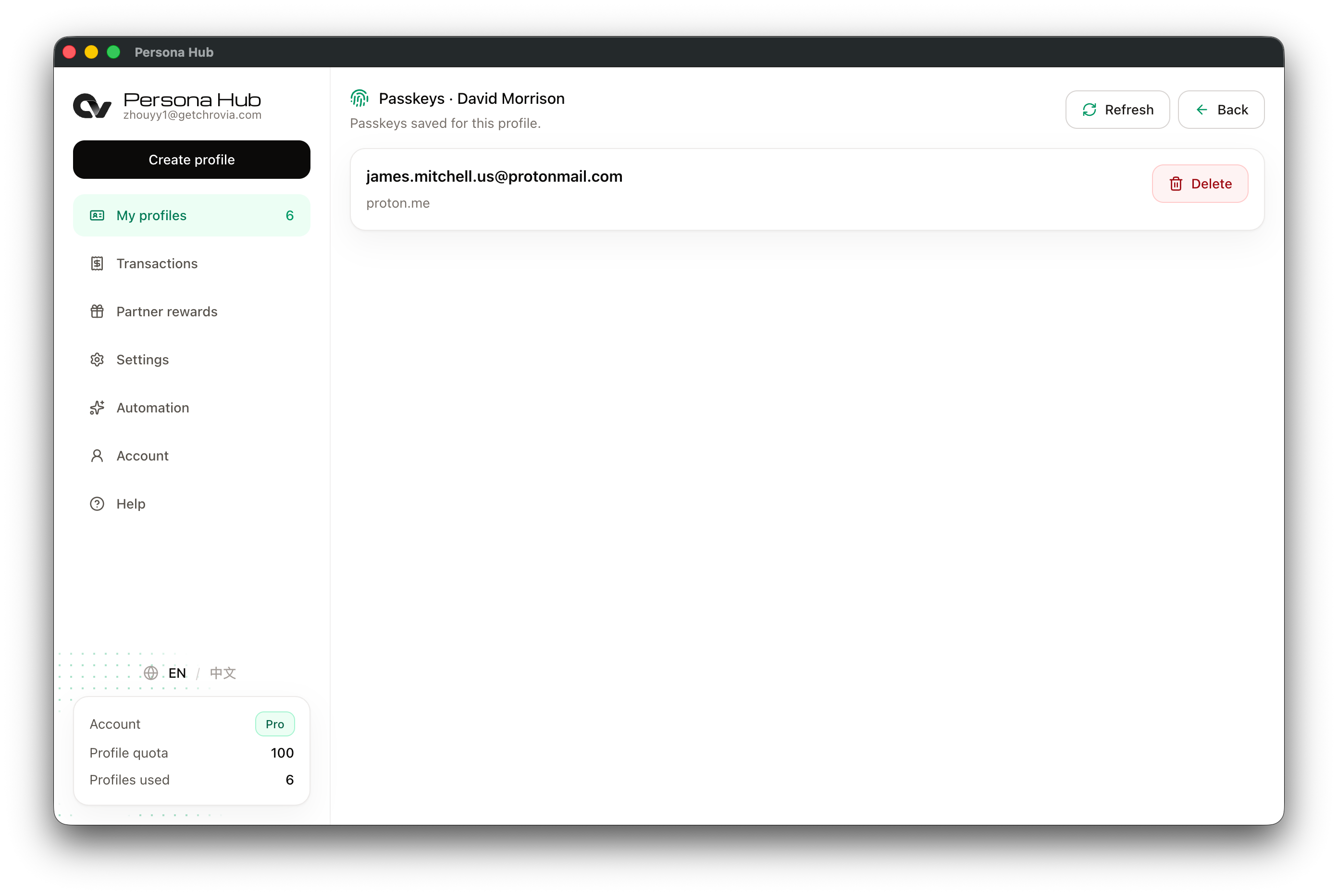 Passkeys for David Morrison showing the Proton account and proton.me