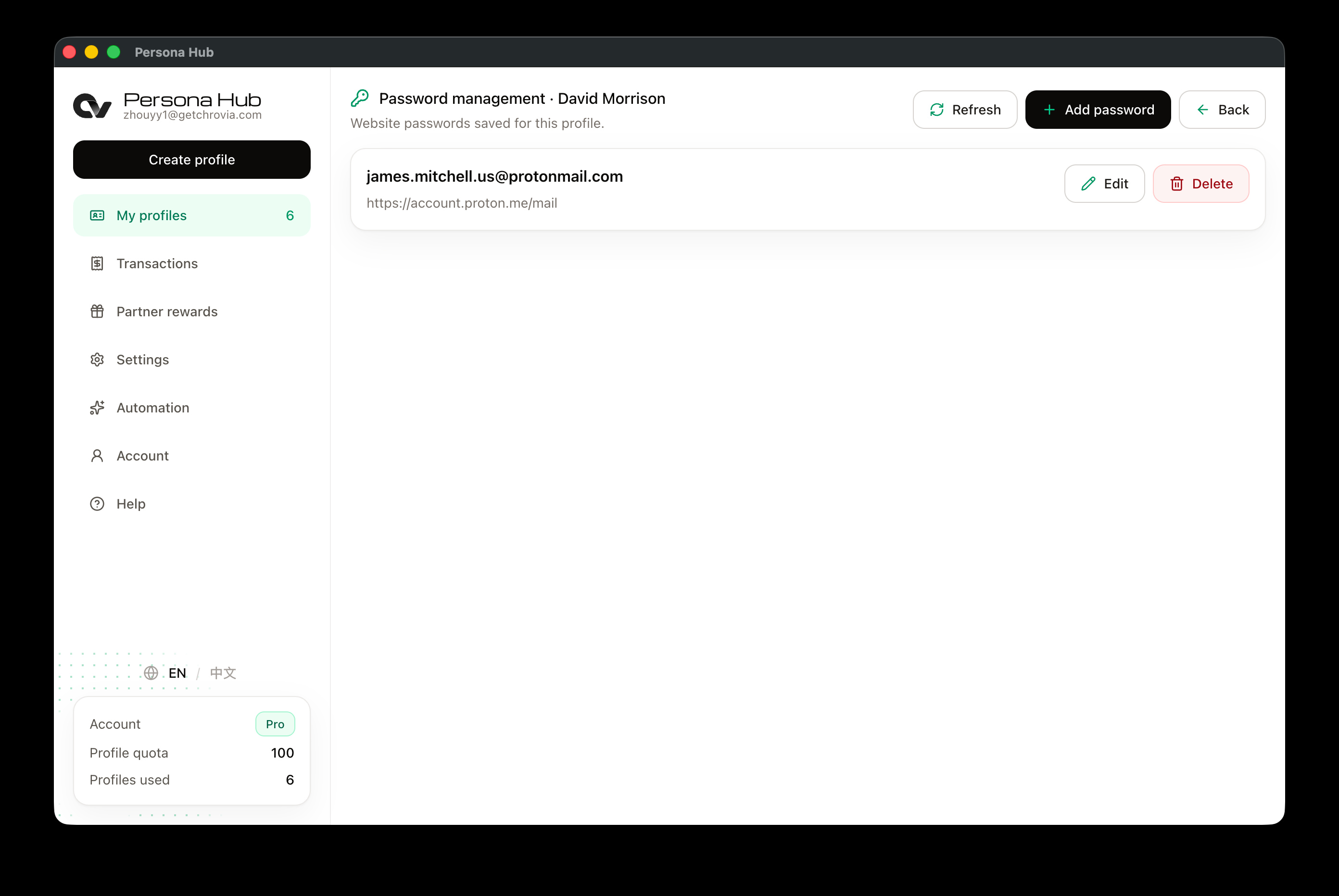 David Morrison 的密码管理页面显示已保存的 Proton Mail 账号及网站地址