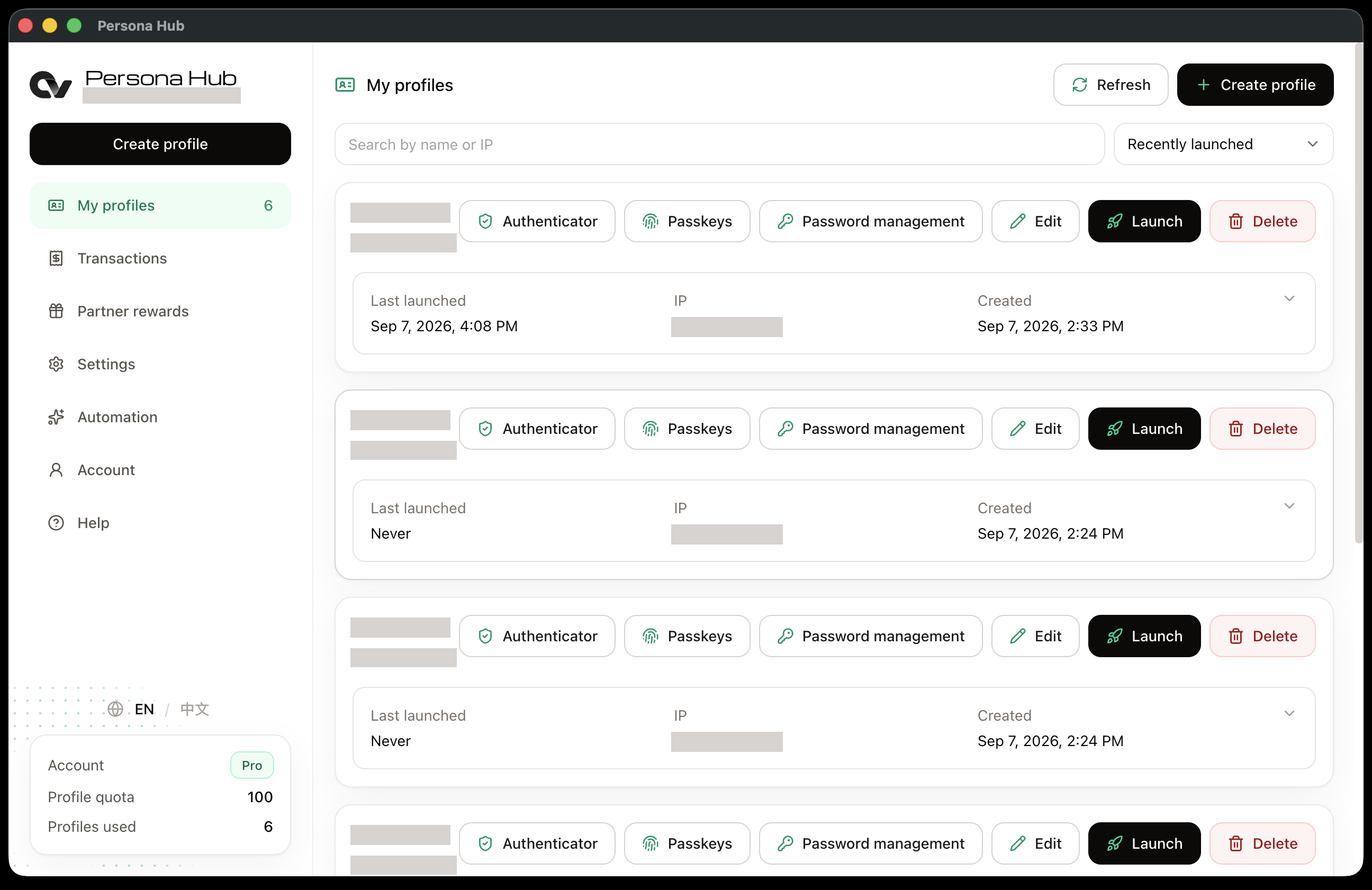 Launch Profiles and access their login tools from the My profiles page; personal details are redacted