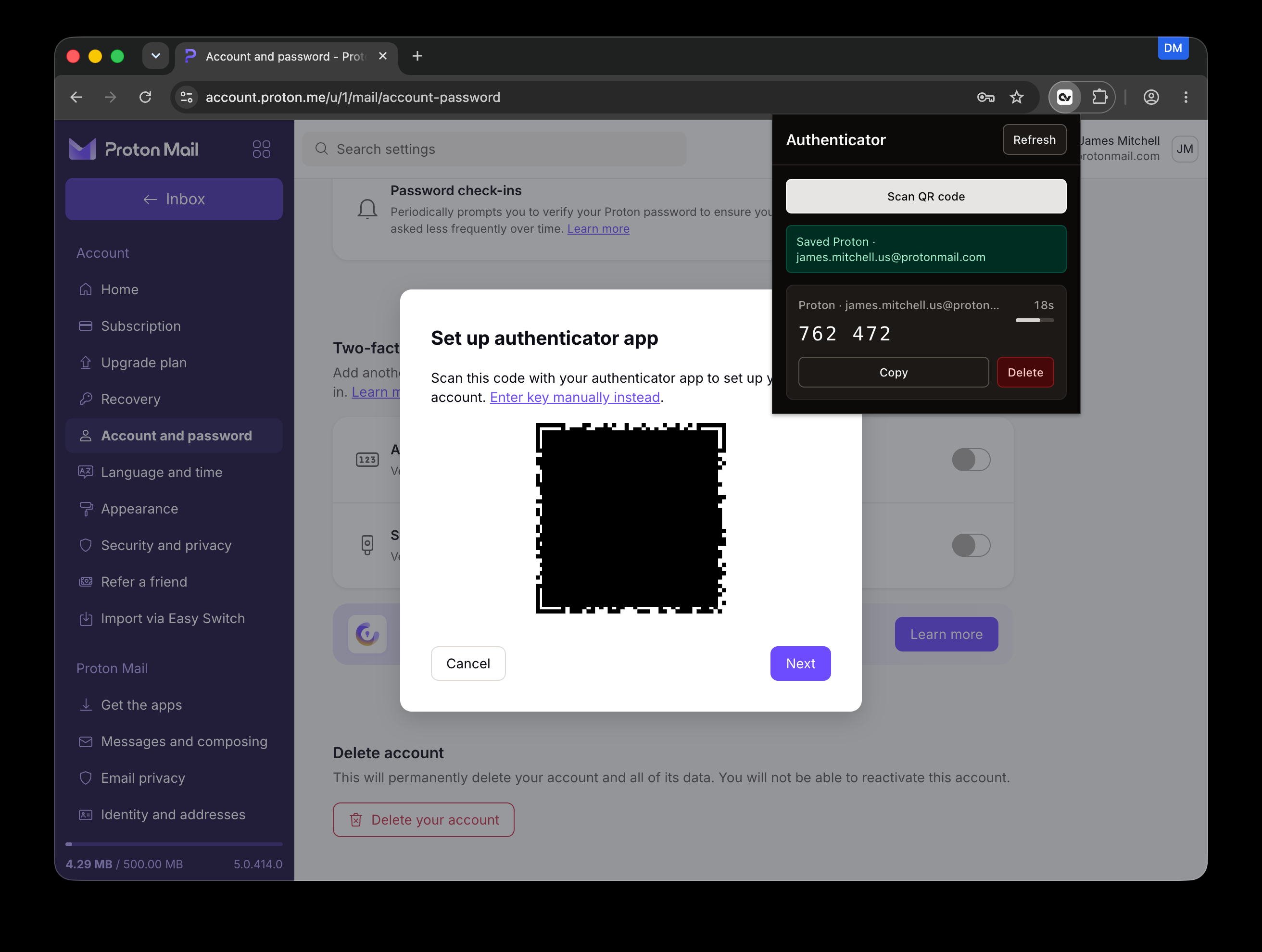 Saved message and a Proton authenticator entry with a rotating code and countdown