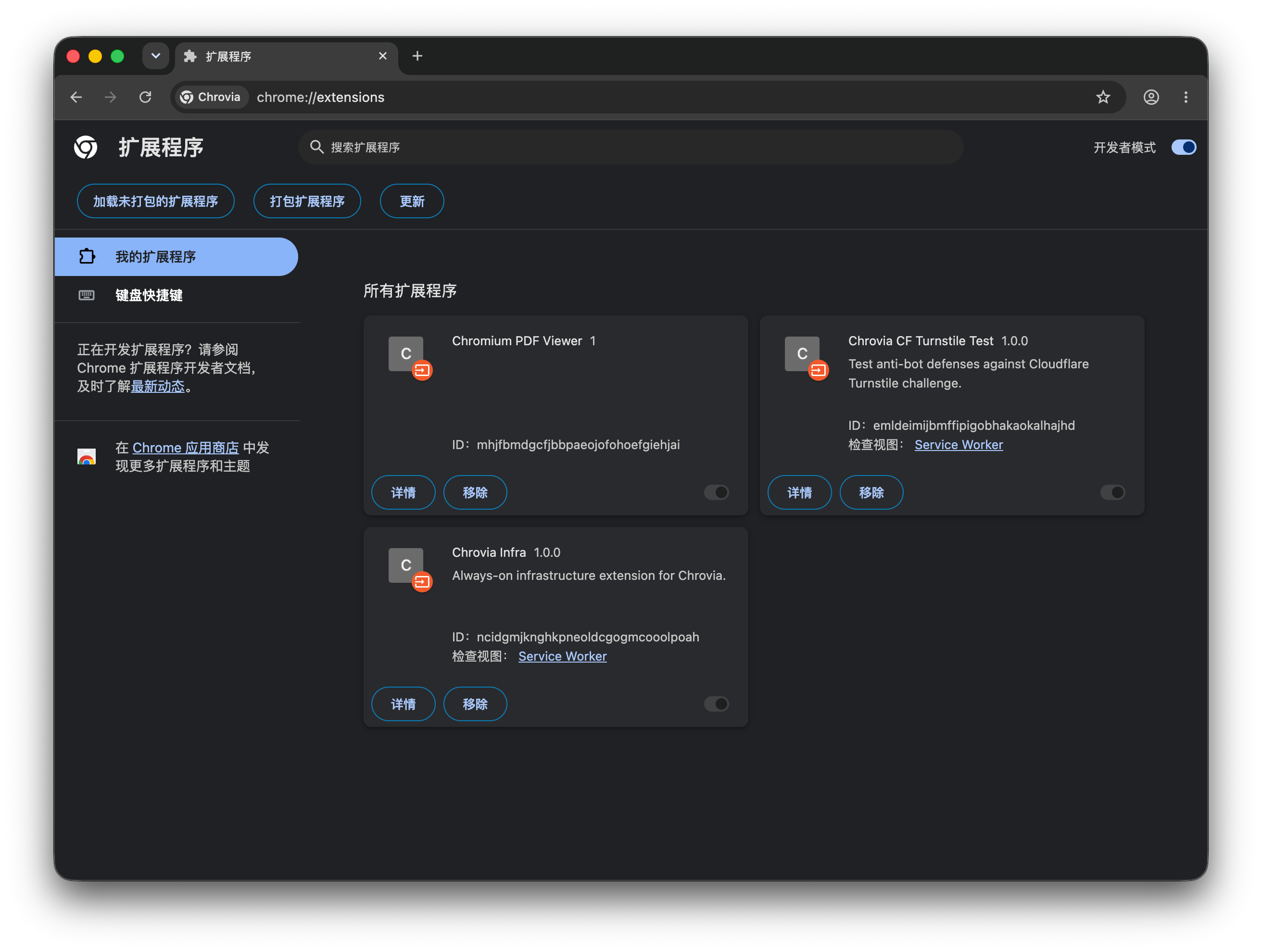 Enable Developer mode on chrome://extensions to inspect bundled extensions including Chrovia Infra