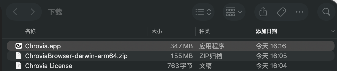 Downloads folder containing Chrovia.app, the browser archive, and Chrovia License